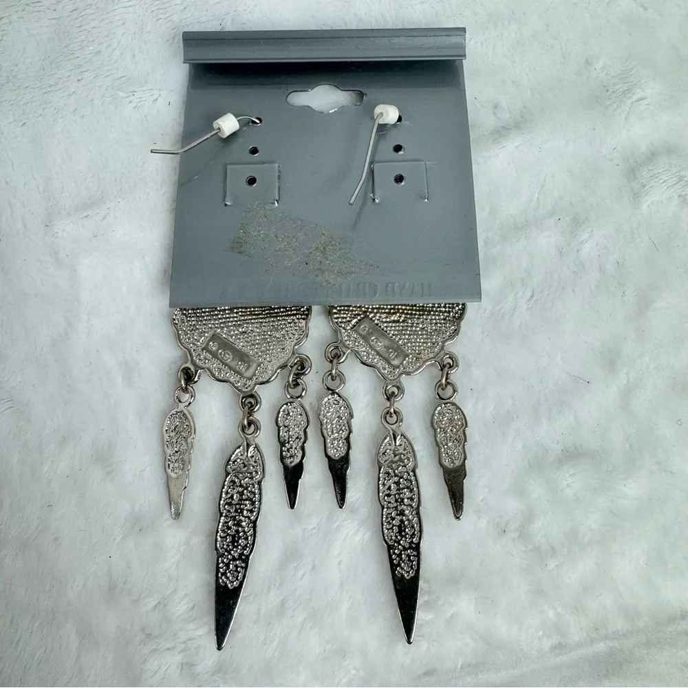 Native American Southwestern Silver Turquoise Inlay Heart & Feather Earrings